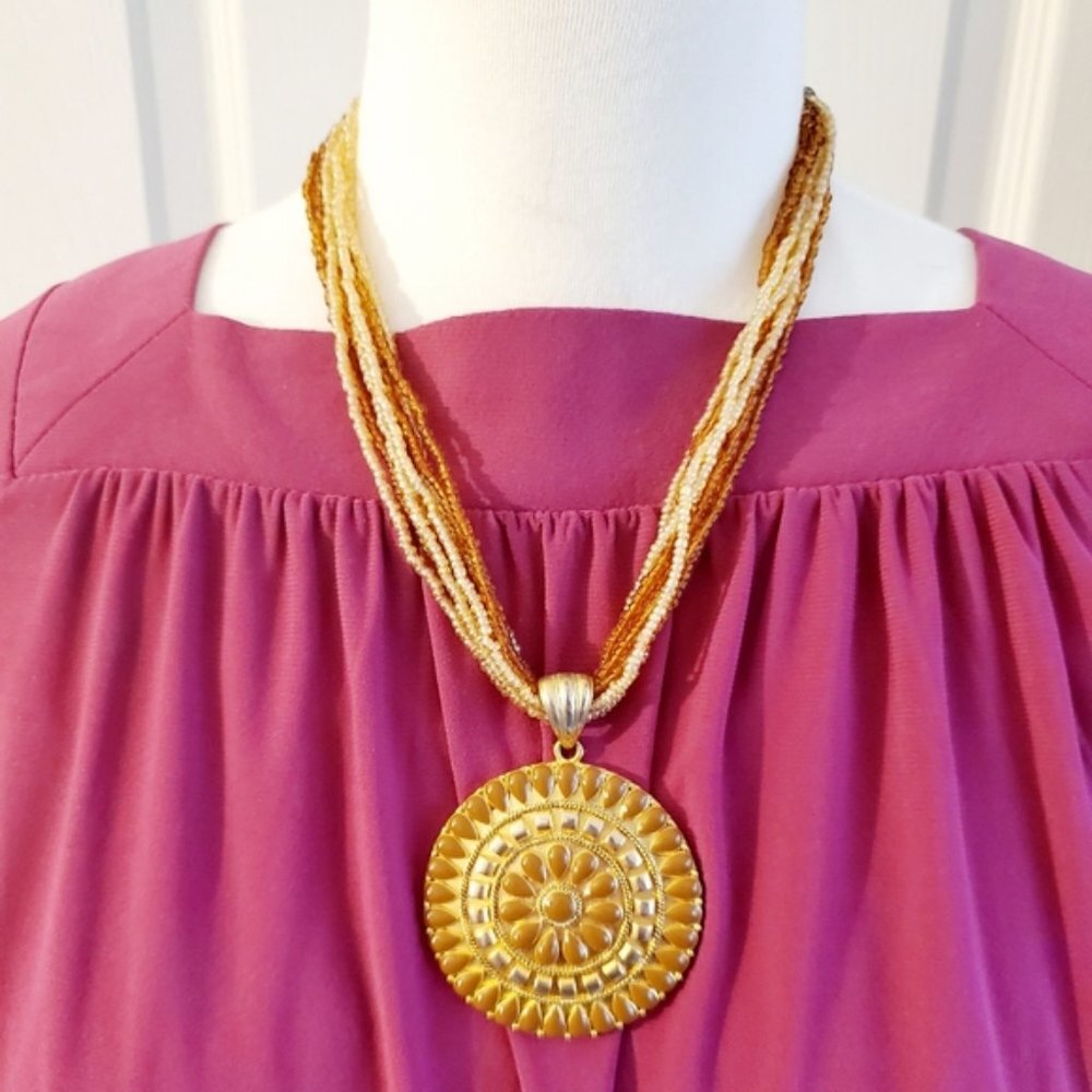 Round Medallion Gold Tone Floral Multi Strands Beaded Rare Statement Necklace